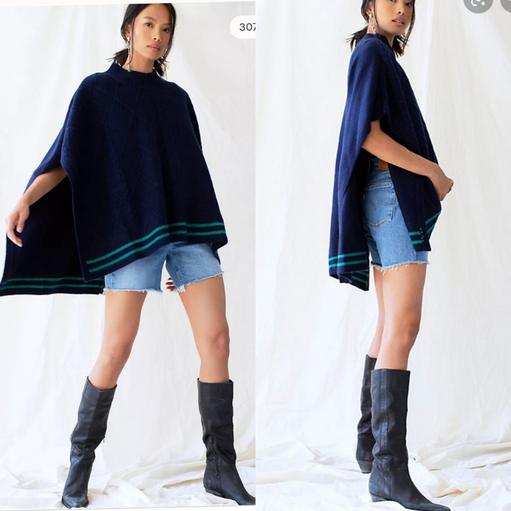 💯%Free people Harbour Stripe Cable Poncho - Picture 1 of 12